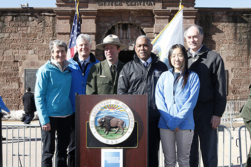 NEW YORK, NY - MARCH 12: (L-R) U.S. Secretary of the Interior Sally Jewell, Tim McClimon, President of the American Express Foundation, Park Ranger Daniel Prebutt, Mitchell J. Silver, Commissioner of the NYC Department of Parks and Recreation, Jane Chan, 21st Century Conservation Service Corp Member, and Neil Nicoll, President Emeritus of the YMCA of the USA attend American Express' announcement of a 5 million dollar grant to increase volunteering in America's National Parks at Castle Clinton National Monument, Battery Park on March 12, 2015 in New York City. (Photo by Thos Robinson/Getty Images for American Express) 