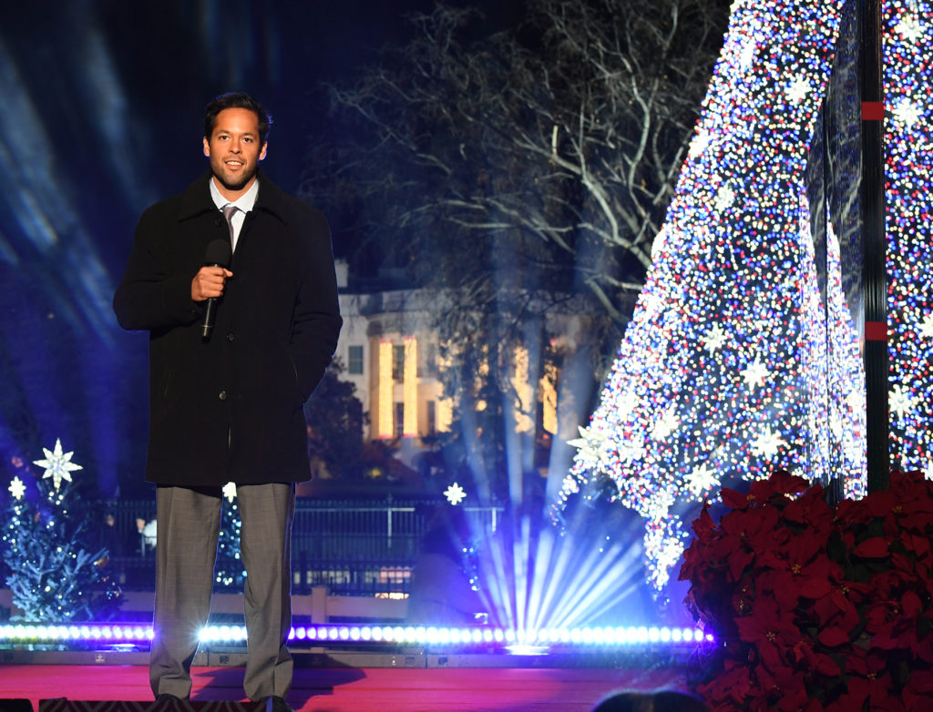 Dylan Carrejo, an AmeriCorps alum from Texas Conservation Corps, introduces President Obama at the 2016 National Christmas Tree Lighting